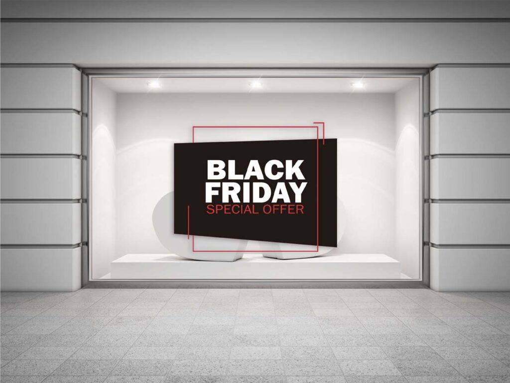Oedim Vinyle Black Friday vitrines Soldes Texte Black Friday Gris, 100 cm  de Long X 77 cm de Haut, Vinyle adhésif, Decora Votre Vitrine, Autocollants adhésives Vitrine