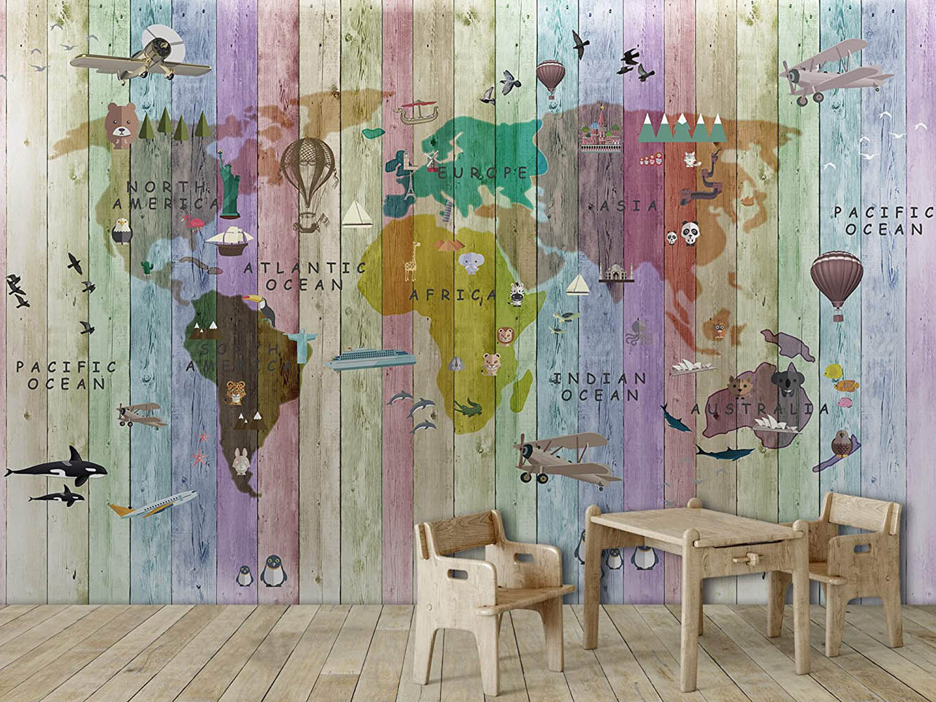 Mapamundi grande - Mapa de madera 3D en la pared - URBANO 150 cm x